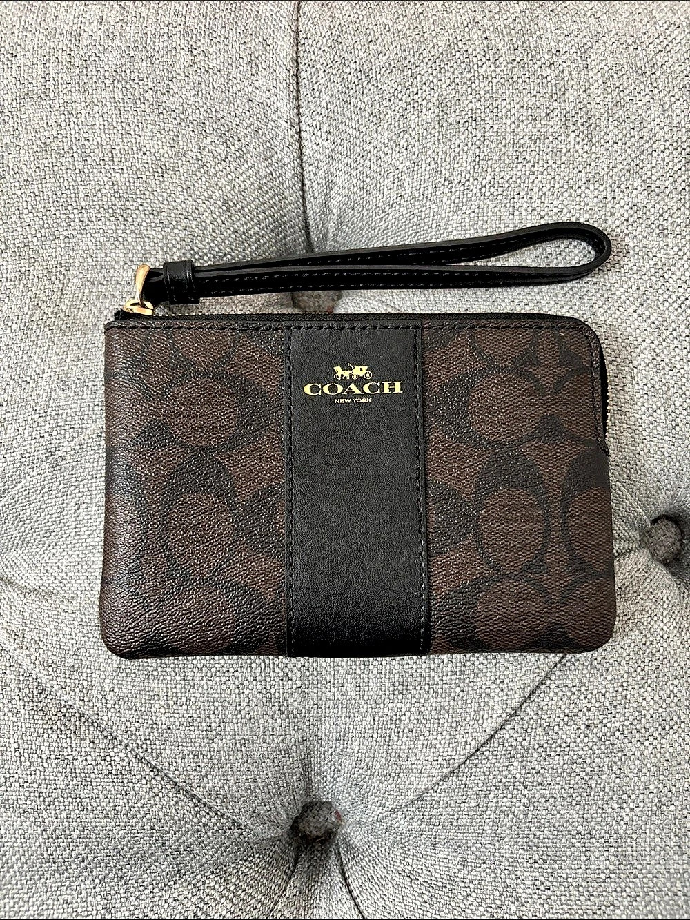 Coach Corner Zip Wristlet In Signature Canvas With Stripe Brown & Black